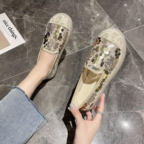 2021 Sequins Women Flats Shoes Breathable Shallow Mouth Loafers Woman Flats Mesh Embroidered Shoes Female Shoe Ballerina