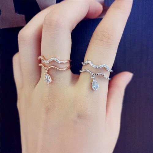 2019 Korean Version Simple Rhinestone Wave Double Ring Dangle Ring Elegant for Women Opening Ring Gift