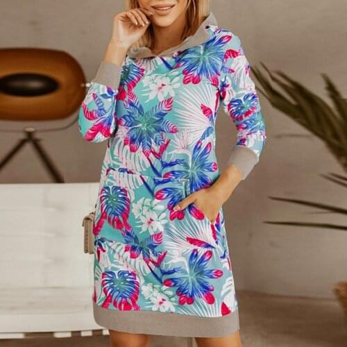 Women Hooded Dress Flower Print Large Pocket Autumn Long Sleeve High Waist Large Pocket Long Sleeve Hooded Dress Streetwear