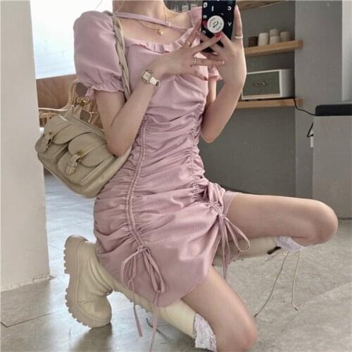 2021 Vintage Women Dress Sweet Pink Puff Sleeve Woman Dresses Fashion Womens Clothing Party Korean Vestidos Robe Femme WPY3345
