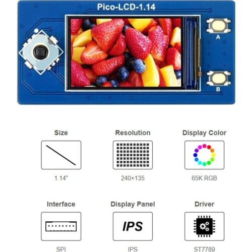 1.14" LCD Display Module for Raspberry Pi Pico, 65K RGB Colors IPS Screen, 240×135 Resolution SPI Interface