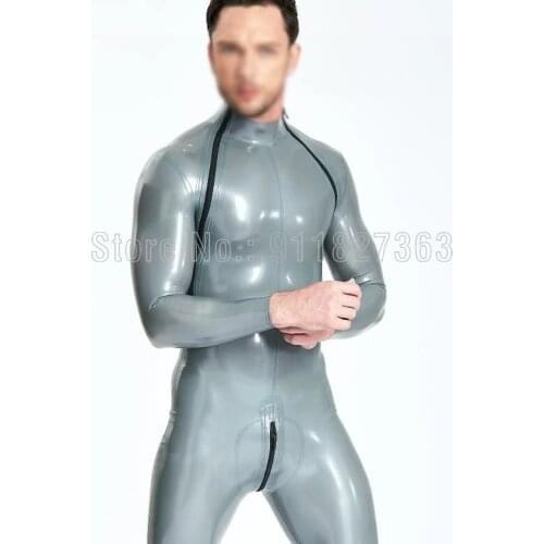 100% Latex Bodysuit Male Double-Diagonal Zip Catsuit Cosplay Club Wear Silver color Latex Jumpsuit w Crotch zipper