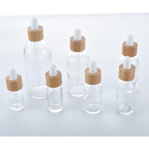 100pcs bamboo cap clear glass bottle dropper eco-friendly wooden lid essential basic massage oil pipette refillable container