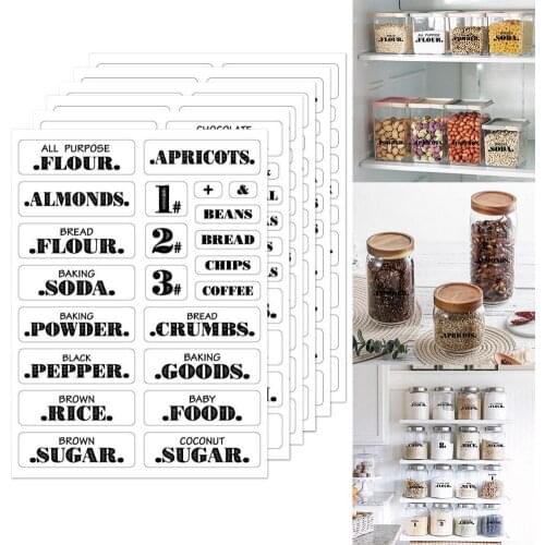 6 Sheets Labels Transparent Waterproof Pantry Stickers Labels supplies For Pantry Food kitchen Spice Stickers Jar