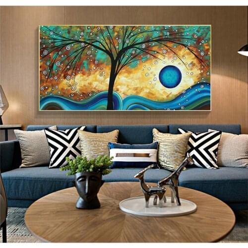 Abstract Tree Sunset Wave Oil Painting on Canvas Art Posters and Prints Cuadros Wall Art Picture for Living Room Home Decoration