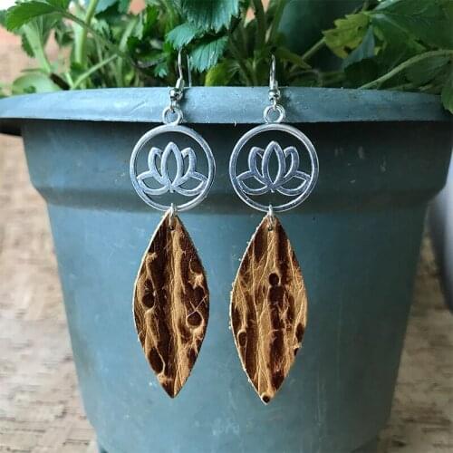 Cpop Lotus Healing Vintage Earrings for Women Cow Leather Vintage Boho Western Style Yoga Jewelry Simple Leaf Earrings Mom Gift