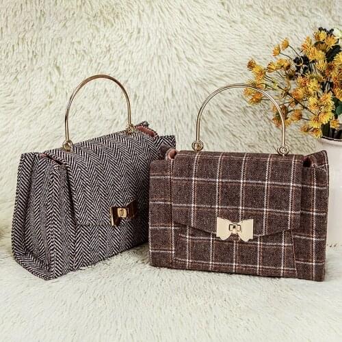 Customized Logo Plaid Fabric 2021 Uniform DIY OL Cover Metal Handle Wool Lock Bow Material Kit Women Bag Flap Handbag