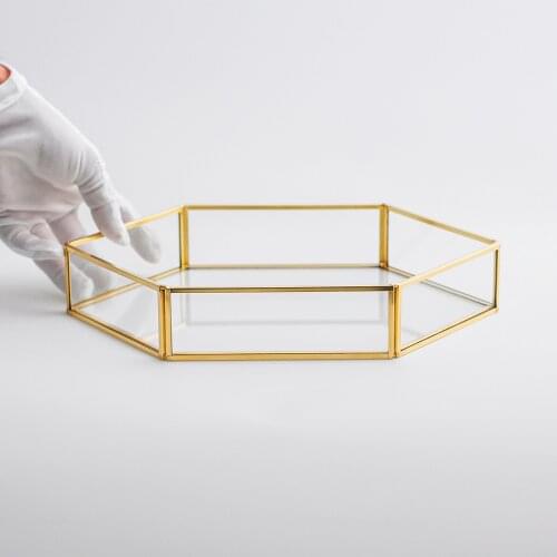 İskandinav Gold Brass Decorative Geometric Glass Tray 29x20x6cm
