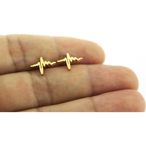 1Pair Cute Heart Beat Earrings Stainless Steel Earring Golden Wave Ear Studs Women Kids Girls Jewelry Xmas Gift