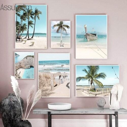 Sea Landscape Art Canvas Painting Beach Boat Poster Palm Tree Print Ocean Posters Nordic Wall Pictures For Living Room Decor