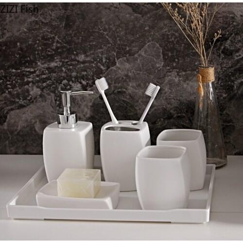 White Simplicity Ceramic Five-piece Set Home Hotel Wash Kit Soap Dispenser and Mouthwash Cup Set Modern Bathroom Accessories