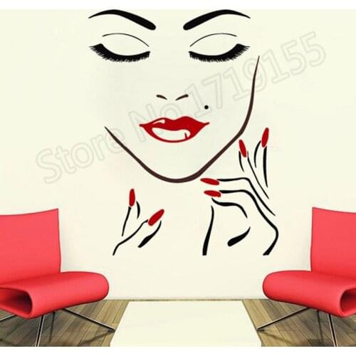 Beauty Salon Girl Face Hand Manicure Nail Lips Wall Stickers Interior Long Lashes Closeup Mural Beauty Salon Makeup Decal ZW291
