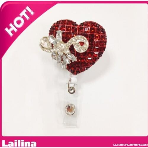 Wholesale Rhinestone ID Retractable Badge Holder Red&Sliver Pretty Heart Badge Reel