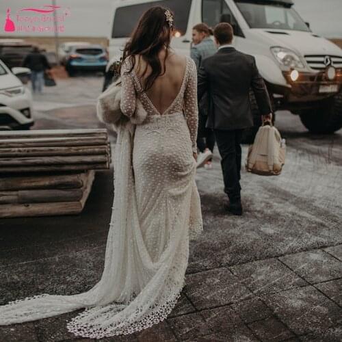 Striking Dot Tulle Wedding Dresses Unique Lace Edge Elegant Bridal Dresses Long Sleeve Robe de soriee Bohemian Noivas ZW204