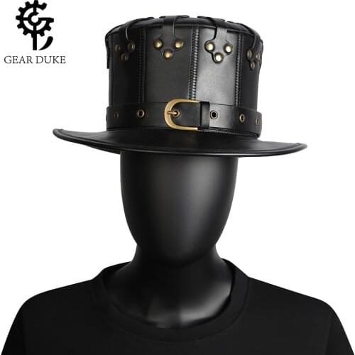 Unisex Adult Black Riveted PU Leather Halloween Plague Doctor Cosplay Steampunk Flat Hat Gothic Costume Accessories Anime Props