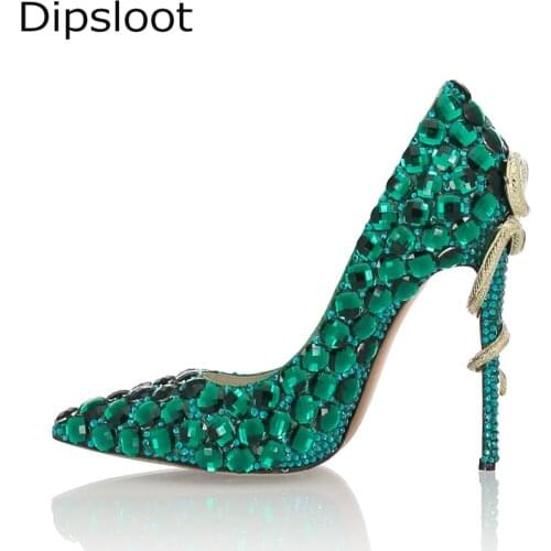 Spring Green Diamond Rhinestone Wedding Pumps Twined Metal Snake High Heel Pointed toe Woman Bling Full Decor Crytsal High Heels
