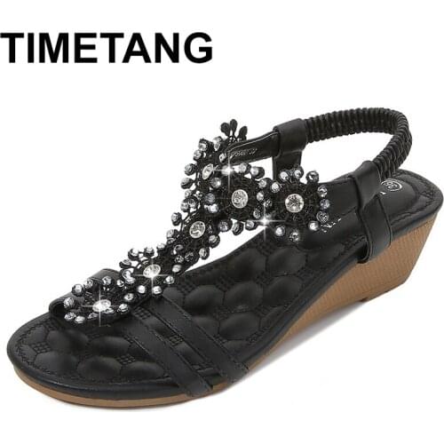 TIMETANG Comfort shoes for women rhinestone sandals summer heels Med large size 2020 women clogs wedge comfort block with fashio
