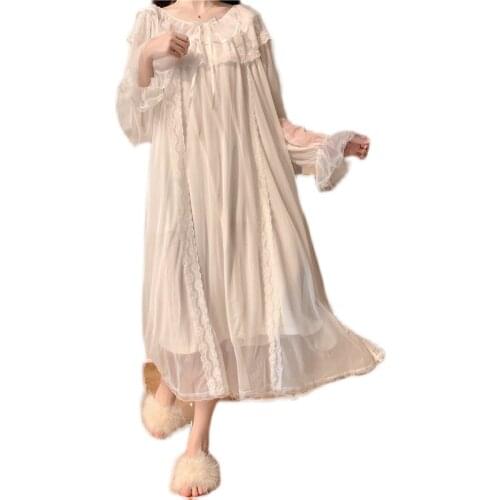 Women Long Sleeve Palace Gauze Nightgown For Spring Summer White Sweet Bowknot Lace Long Robe Soft Nightdress Dropshipping