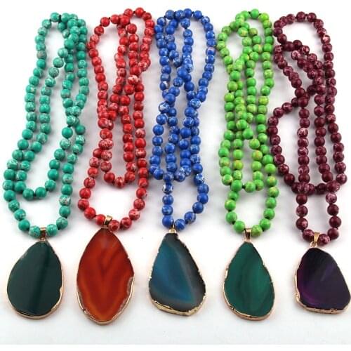 Fashion Semi Precious Stones long Knotted Natural Stone Agat Pendant Necklace For Women Ethnic Necklace