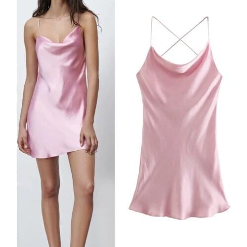 2021 Pink Satin Spaghetti Strap Dresses Woman Sexy Backless Mini Party Dresses Ladies Sleeveless Dress