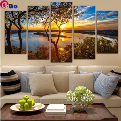 Abstract Sunrise Tree Landscape Diamond Painting Full Square Round 5 Pieces 5d Diamond Embroidery Mosaic Multi-Picture