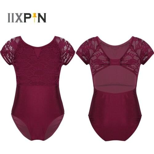 Kids Girls Ballet Dress Gymnastics Leotard ballerina dancewear bodysuit Short Sleeves Floral Lace Bowtie Shaped Back Ballet Tutu