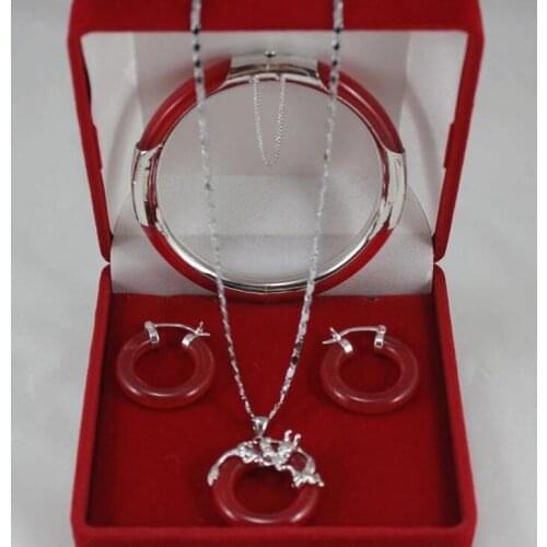 Free shipping Beautiful lucky silver green blue black red jade pendant earrings bracelet set NO BOX