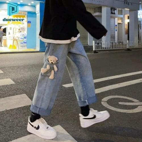 DUEWEER Mens Jeans Spring Autumn Bear Doll Stretch Trousers Men Casual Baggy Harajuku Straight Wide Leg Denim Pants