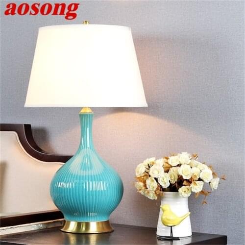 AOSONG Ceramic Table Lamp Copper Contemporary Luxury Pale Blue Desk Light LED For Home Bedsides