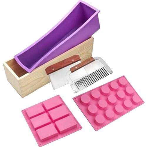 Soap Loaf Making Mold Wooden Box Silicone Cake Mold Fondant + Straight Wavy Stainless Steel Cutters Slicer for DIY Wax Candles
