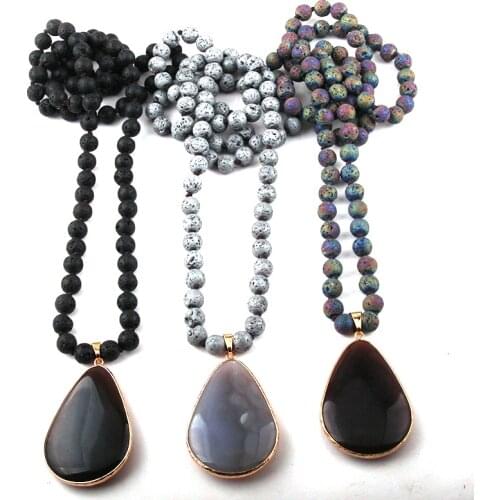 Fashion Bohemian Jewelry Lava Stone Long Knotted Stone Drop Pendant Necklaces For Women Necklace