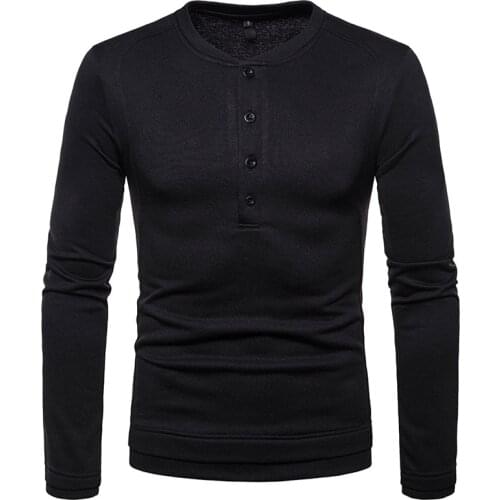 Winter Plus Velvet Long Sleeve Men Henry T Shirts Nice Fashion Slim Fit Casual Button T Shirt Men Brand Solid Color Tops Tees