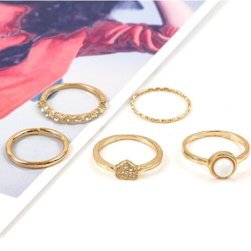 5-piece Combination Joint Ring European And American Fashion Charm Trend Gold Pearl Heart Female Ring Wholesale Sales Womens