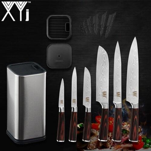 XYj 7pcs Kitchen Knives Set Stainless Steel Knife Stand Holder Damascus Pattern Blade Full Tang Slicing Santoku Knife Cover