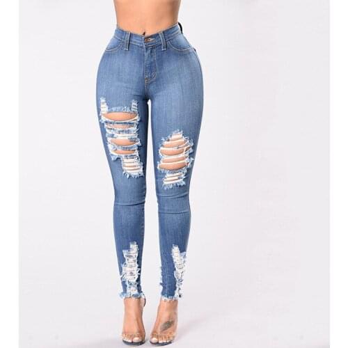 2021 Newest Hot Womens Stretch Skinny Ripped Hole Washed Denim Jeans Female Slim Jeggings High Waist Pencil Pants Trousers