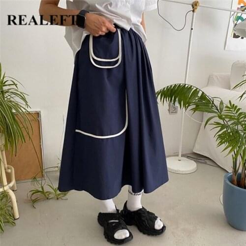 REALEFT Spring Summer 2021 New Womens Skirts Fake Pocket High Waist Pathwork Korean Style Long A-Line Umbrella Skirts Female