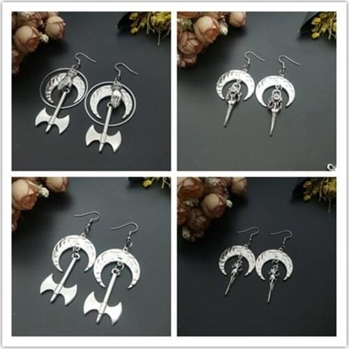Axe and Bird Skull Crescent Pendant Earrings Miniature Weapon Jewelry Tomahawk Earrings Gothic Medieval Witch Jewelry