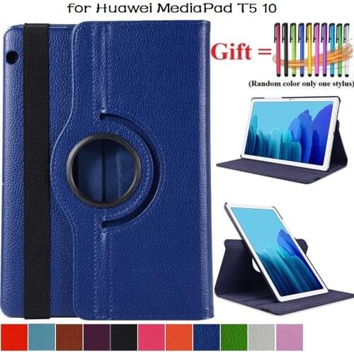 Rotating Stand PU Leather Case Cover for Huawei MediaPad T5 10 AGS2-W09/L09/L03/W19 10.1 Inch Tablet Protective Funda + Stylus