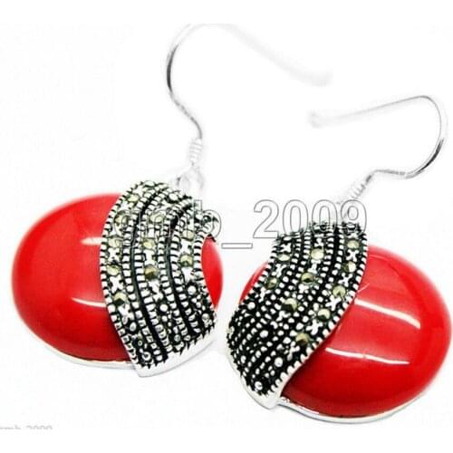 Jewelry Free Shipping Fashion 925 Sterling Silver 18*18mm Red Coral Coin Marcasite Earrings