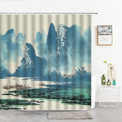 Chinese Style Ink Landscape Shower Curtains Hand Painted Natural Scenery Hook Bathroom Curtain Bathtub Decor Bathroom Products