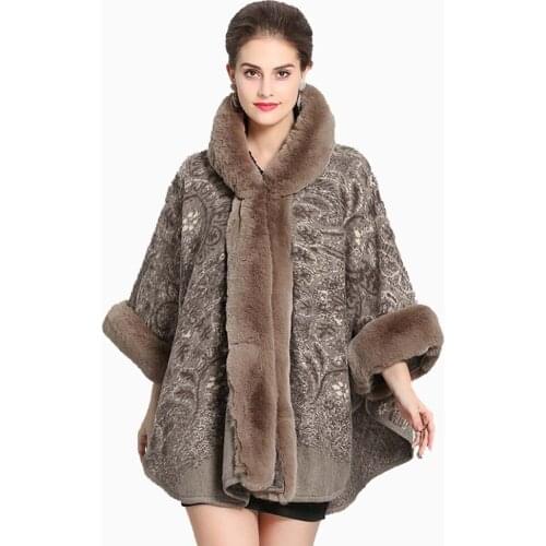Womens Hooded Cape Female Faux Fox Collar Cashew Flower Wild Tweed Jacket
