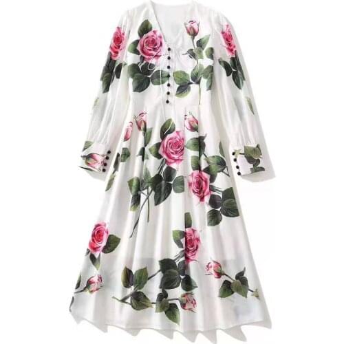 European and American womens clothing 2021 New Style for Spring Long sleeved V-neck rose print Fashion dress