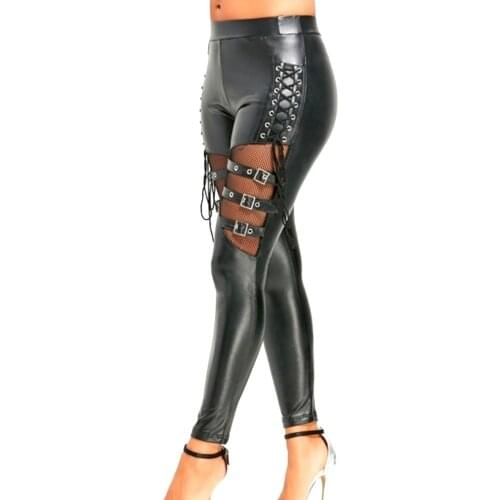 Women PU Leather Skinny Slim Trouser Gothic Punk Leggings Fishnet Trim Lace Pant Faux PU Leather Pencil Pants 2021 Clothing
