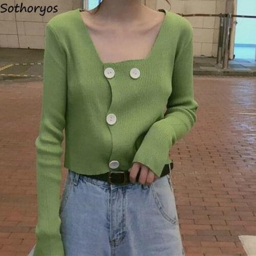 Cardigan Women Square Collar Clavicle Solid Trendy Knitted Korean Style Short Casual Student Sweet Chic Sweater All-match Autumn