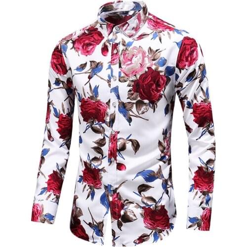 2019 Autumn Men Slim Floral Print Long Sleeve Shirts Fashion Brand Party Holiday Casual Dress Flower Shirt Homme Plus Size 7XL