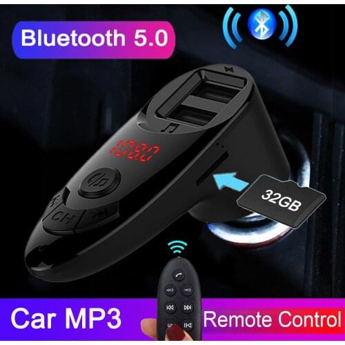 JINSERTA Remote Control Car FM Transmitter Modulator Bluetooth 5.0 Car Kit Auto Audio MP3 Player 2 USB ports TF U Disk play