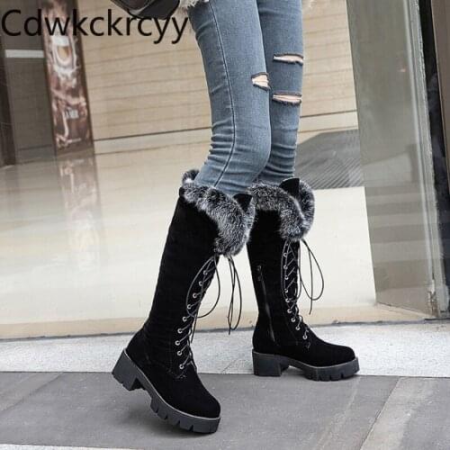 Winter The New Rabbit hair fashion Round head Thick bottom High tube Martin boots Plus velvet Keep warm High heel Women boots