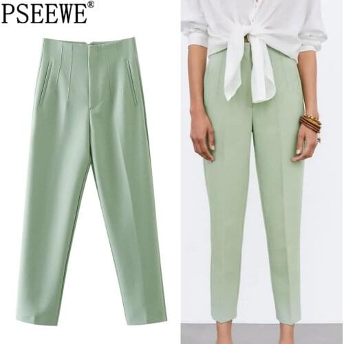 PSEEWE Za Women Pants Green High Waist Pants Office Casual Black White Pink Woman Trousers Fashion Streetwear Loose Beige Pants