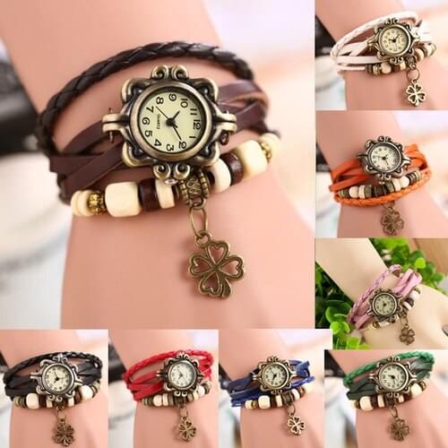 Fashion Popular Women Ladies Vintage Four-leaf Clover Pendant PU Leather Bracelet Quartz Watches Wristwatches Relogio Feminino