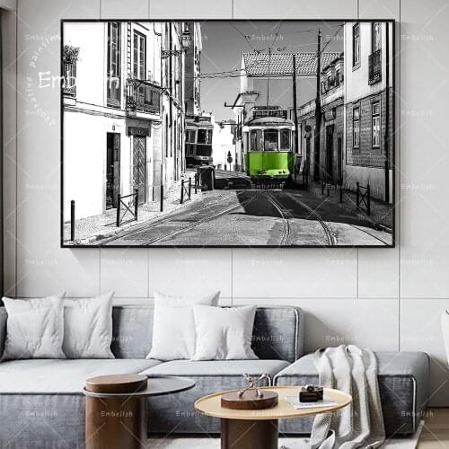 Embelish 1 Pieces Black And White With Coloured Tramway Modern Home Decor Wall Art Pictures For Living Room HD Canvas Paintings